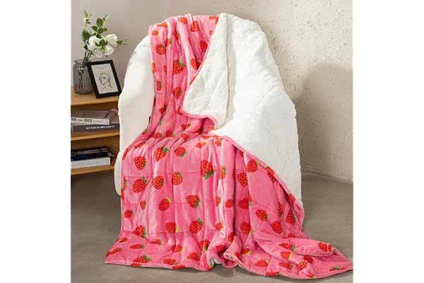 Aemicion Viktad filt tyngdtäcke queen size 20 pund 152 x 203 cm, ultramjuk bekväm fluffig sherpa viktade filtar för vuxna, söt rosa jordgubbe tung filt som present till kvinnor, maskintvättbar