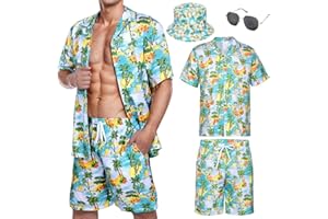 HARNYLOOM Camicia Hawaiana Uomo T-shirt Manica Corta Festa Hawaiana Camicia Pantaloncini Cappello Occhiali da Sole Estate Tropicale Aloha Vacation