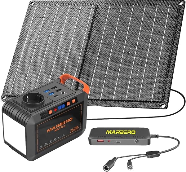 MARBERO Generatore Solare 26.400mAh con Connettore per Pannello Solare, Stazione di Ricarica Portatile con Pannello da 21W Incluso, Power Bank con Presa CA 120W (Picco) per Interruzioni di Corrente Do - 1
