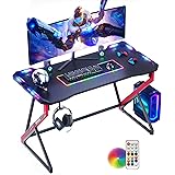 BEXEVUE Gaming Schreibtisch LED – 100x60 cm PC Gamer Tisch Ergonomischer, Z Rahmen mit Kohlefaseroberfläche Stabil, Einfach z