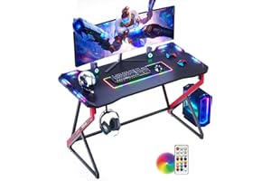 BEXEVUE Escritorio Gaming con LED - 120x60cm Mesa Gamer Ordenador Esport Ergonómico, Marco Z Fibra de Carbono Estable Fácil de Montar, Gancho Auriculares para Juegos Estudiar Trabajar Hogar Dormitorio