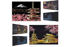 ‎SIYEAR SiYear Scratch Paper Rainbow Malerei Skizze, City Series Night Scene, Scratch Painting kreative Geschenk, Scratchboard Kunst für Erwachsene und Kinder, mit 4 Tools (Mount Fuji + Kirschblüte)