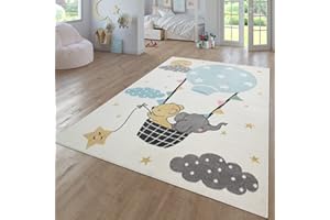 TT Home Tapis Chambre Enfant Bebe Fille Garcon Moderne Arc-en-Ciel Nuage Motif Animal Multicolore, Couleur: Crème, Dimension:160x220 cm