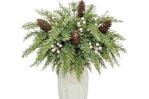 Donfulily Pack of 40 Faux Cedar Stems Pinecone Holly Berry Set - Christmas Artificial Pine Branches Fake Foliage Greenery Picks Sprigs for Vase Xmas DIY Crafts Garland Wreath Home Decor (White)