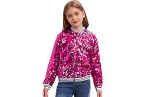 Xnihocha Girls Sparkly Sequin Bomber Jacket Long Sleeve Zip Up Outwear Coat Kids Glitter Party Dance Tops