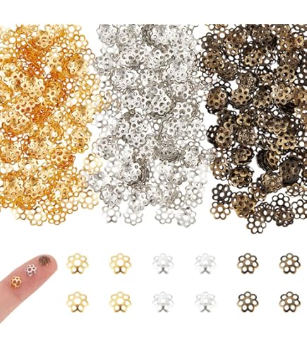 BronaGrand 200pcs 8mm/10mm/12mm Bead Caps Spacer Beads Flower Bead Caps Jewelry DIY Findings For Necklace Bracelet Making,Antique Gold