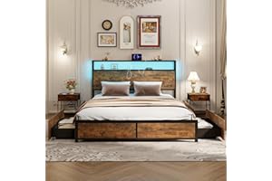 RELAX4LIFE Double/King Size Platform Bed Frame with LED Lights, 4 Rolling Drawers, Charging Station, 4FT6/5FT Slatted Support Bed Base, Industrial Metal, No Box Spring Needed (220 x 157 x 102cm)