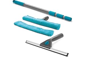Beldray LA028693TQ Limpiacristales Y Mojador Para Ventanas Con Mango Telescópico De 130 cm, Incluye Almohadillas De Microfibra,Conjunto De 5 Piezas, Turquesa,Juego de limpieza de ventanas de 5 piezas