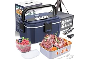 HOMHUT Fiambrera Eléctrica 80W Calentador de Comida Electrico 12/24/230V Fiambreras Comida Trabajo 1.8L para Coche/Camión con Compartimentos y Bolsa de Gris Aislamiento(1.8L-Azul)