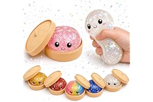 AR Trading Glitter Dumpling Squishy Stress Ball with Bamboo Steamer Basket, Kawaii Mochi Fidget Toy for Kids Adults, Anti-Anxiety Sensory Squeeze Bao Bun, Random Mystery Color – 1 Pack