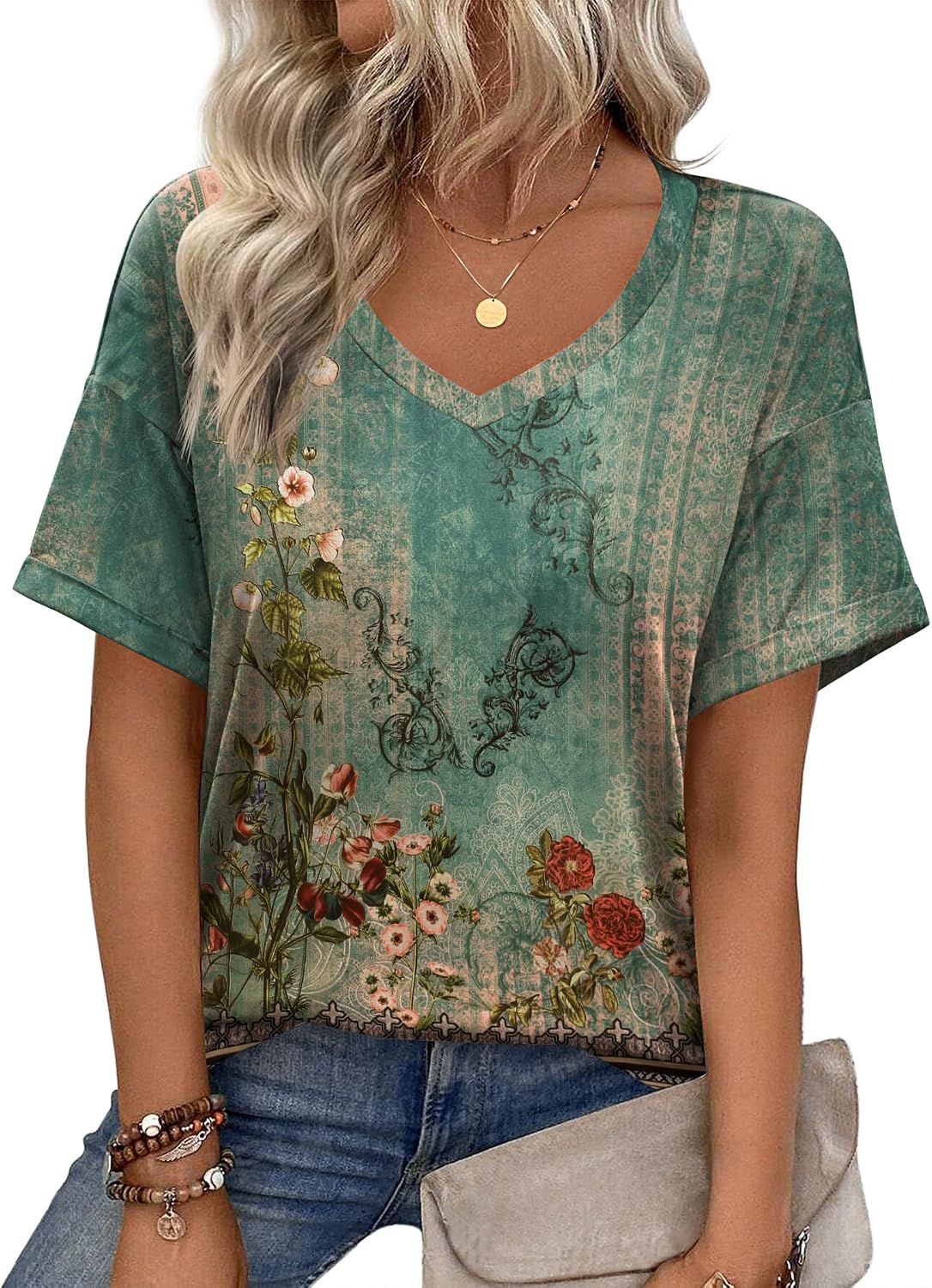 Zeagoo Camiseta básica de manga corta con cuello en V para mujer, para verano, informal, holgada, floral, blusa