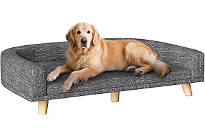PawHut Sofá para Perros Grandes, 98x67x25 cm, Cama Elevada para Perros Tapizada con Cojín Lavable y Patas de Madera de Pino, Carga 40 kg, Gris Oscuro