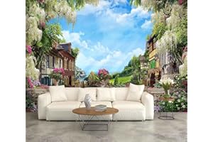 FENDROM Nature Flora Tapestry King Size background, Blue Sky White Cloud Village Small Town by European Pastoral Scenery, Wall Hanging for Bedroom Living room