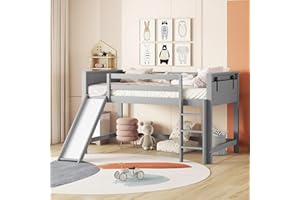 MYBOO Kinderbett Hochbett 90x200, mit Rutsche und Leiter, Platzsparendes Kinder Etagenbett Stockbett Jugendbett Holzbett Bettrahmen mit Rausfallschutz und Lattenrost, Bett aus stabiles Massivholz, Grau