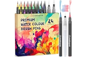 Watercolour Brush Pens, 24 Vibrant Soft Tip Colouring Markers w/ 2 Blending Brushes, Watercolour Brush Pen Set for Calligraphy, Lettering, Colouring & Journaling, Premium Art Supplies by CreativePeak