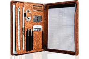 Calfinder Teczka konferencyjna A4, teczka na dokumenty ze skóry PU, teczka na dokumenty z zamkiem błyskawicznym A4, teczka z klipsem A4, organizer biznesowy, brązowy nadruk