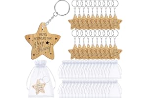 Otuuz 50 Sets School Leaver Star Keyring Gifts Include 50 Star Keychains with 50 Organza Bags Wooden Keyring Class End of Term Gifts for Children Pupil Student Teacher School Employee Graduation Favor