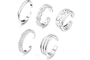 LENTQIUTT 5 Pcs Anillo de dedo del pie, anillo abierto, anillo de plata de ley 925, señoras, anillo de banda ajustable abierto, juego de joyas (plata)