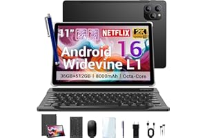 DRIVNEXT Tablet 11 Pollici Android 16 Tablet,Octa-Core 2.0Ghz,Doppio SIM 4G LTE+5G WiFi,36GB RAM+512GB ROM/8000mAh/Face Unlock/OTG/GPS-Tablets in Offerta con Tastiera e Mouse,Nero