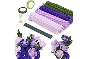 PINKSWAN 320 Stück Pfeifenreiniger Blumen Violett Grün Tulip Bouquet, Pfeifenputzer zum Basteln 30cm, 4Farben Pipe Cleaner Flower Set,Biegeplüsch Chenilledraht mit Blumendraht,Blumen Staubblatt für DIY Bastel