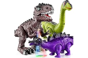 TEMI 3 Pack Electrical Walking Dinosaur Toys for Toddlers 2-4 3-5 Years with Sound and Light Up, Toddler Robot Dinosaur, Brachiosaurus, Stegosaurus Dinosaurs Figures for Kids