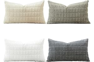 Sungeek Set of 4 Neutral Soft Corduroy Decorative Cushion Covers 40x60cm Lumbar Striped Throw Pillow Covers 16x24 Inch for Sofa Couch Living Room Patio Farmhouse Boho Home Decor Pillowcases