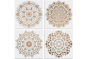 MWOOT 4 Pezzi Grande Mandala Stencils Pittura, Kit Stencil Disegno Fiori, Riutilizzabile Geometrico Painting Template per Fai Da Te Tegola Legna Tela Parete Cuscini Decorazioni(30x30CM)