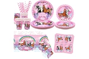 Obussgar Rosa Pferd Party Dekorationen - Cartoon Thema Supplies Mit Teller, Tassen, Tücher, Tischdecken für Mädchen Geburtstag - Serviert 20
