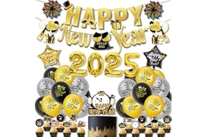 WWISTOA Silvester Deko 2025, Schwarz Gold Neujahr Deko 2025，Happy New Year Deko XXL 2025 (32-ZOLL) Folienballons, Banner, Silvester Accessoires.(Schwarz Gold)