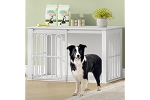 HEXCELEN Dog Crate Furniture, 100 × 60 × 62.4 cm, Wooden Dog Crate with Double Doors, Sliding Doors, End Side Table Animal Crates for Small Medium Dogs, White, Animal Cage Furniture for Home