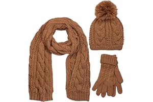 styleBREAKER Schal, Mütze und Handschuh Set, Zopfmuster Strickschal mit Bommelmütze und Handschuhe, Damen 01018208