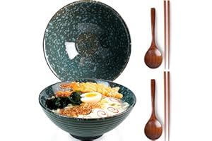NUTRIUPS Ceramiczna miska do ramenu, 1200 ml, zestaw 2 misek na makaron z pałeczkami i łyżkami (Emerald)