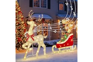 DELICHTER Beleuchtet Rentier mit Schlitten mit 117 Warmweißen LEDs Stehende Weihnachtsdeko mit Musik und Bewegungsmelder Weihnachten Hirsch für Innen Aussen 107 cm