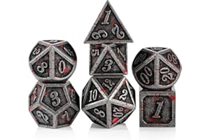 Acient Silver Bloodstained Metal Dice Set DND, DNDND 7PCS Metallic Halloween Die with Metal Case for Dungeons and Dragons Tabletop Games