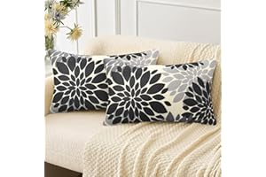 VELVHOM Set di 2 Fodere per Cuscini 30x50 Copricuscini Arredo Casa Motivo Dalia Floreale Fodere per Cuscini Decorativi in Lino Copricuscini Quadrati Astratto Federe per Cuscini del Divano, Nero e Grigio