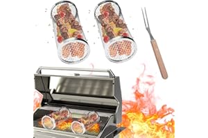 UENNM Cesta para Barbacoa,Cesta de Parrilla rodante con Tenedor Grande, Cesta para Parrilla de Barbacoa de Acero Inoxidable con asa para Patatas Fritas camarones de Pescado, Tubo de Red de Barbacoa