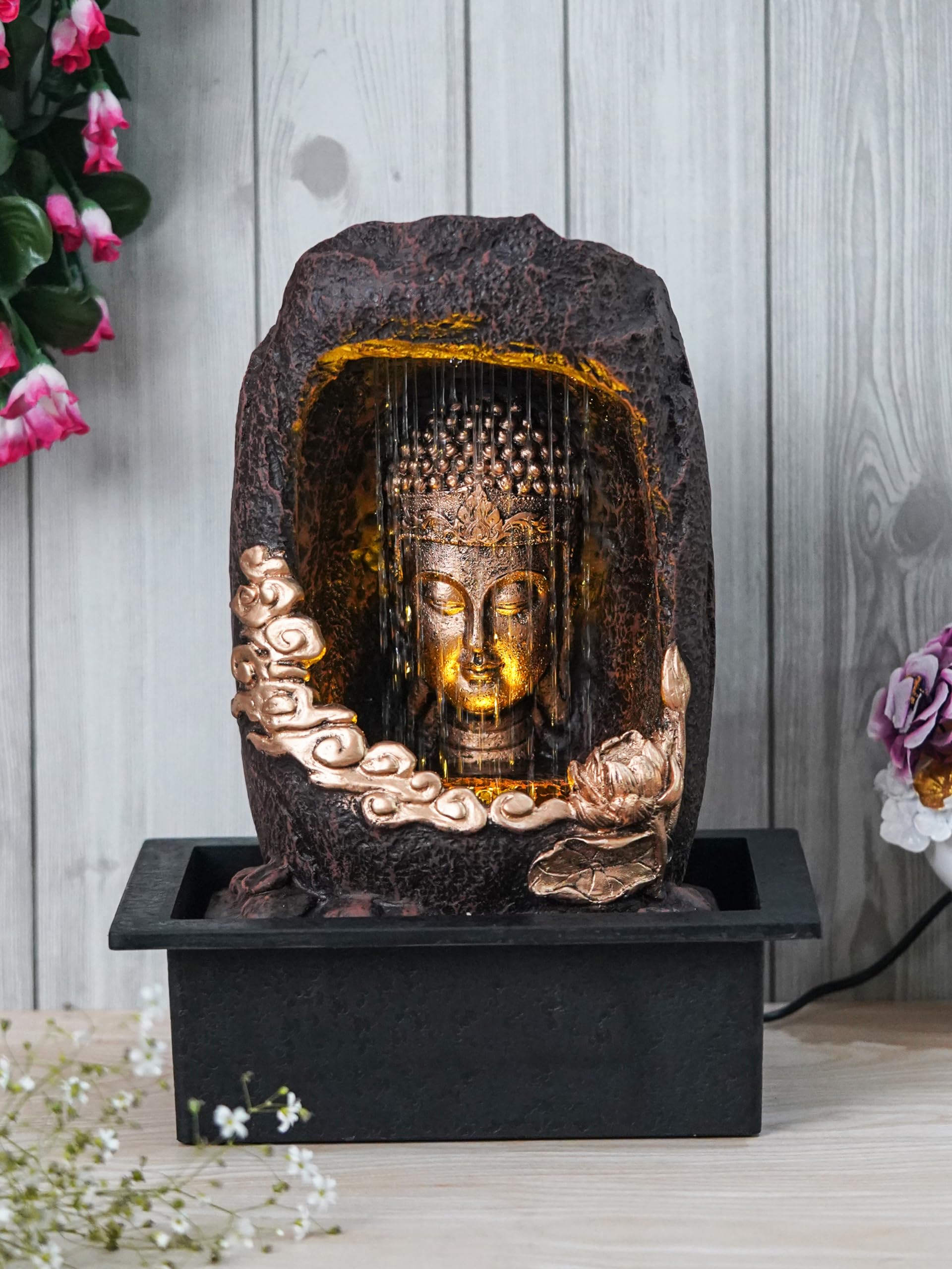 CHRONIKLE Polyresin Tabletop Gold Brown Meditating Buddha Sitting in Cave Style Indoor Front Curtain Waterfall Fountain for H