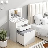 HOMCOM Makeup Vanity with Hidden Stool for Dressing Room White | Folding Mirror, Makeup Table with Drawer and 7 Compartments,