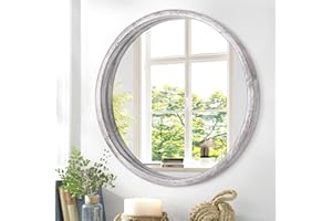JJUUYOU Round Wall Mirror for Bathroom, Rustic White Vanity With Wood Frame - Small Circular for Entryway, Living Room, Bedroom, Dorm Decorative