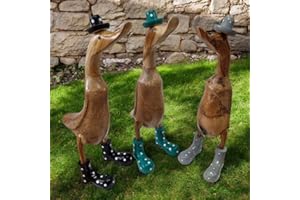 Kinaree Holz Ente - 46cm handgefertigte Holz Ente mit Gummistiefel aus Bambus, Tischdeko, Gartendeko oder Geschenk geeignet