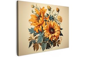 MuchoWow© Impression sur Toile Decoration Murale Peinture 80x60 cm Tableaux Decoratifs Muraux Décoration Chambre Vintage - Fleurs - Tournesols - Beige - Nature