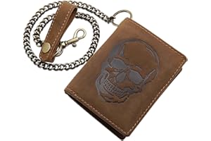 MYLEDERSHOP Cuero de búfalo Motero Monedero con Cadena metálica con Calavera Motivo con Bloqueo RFID y NFC (Marrón)