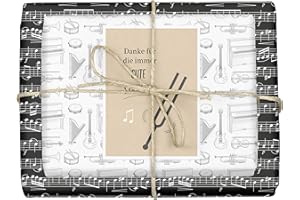 dabelino® Lot de 4 feuilles de papier cadeau « Musique » pour musiciens – Notes de musique/instruments : 4 feuilles + 1 carte (anniversaire, Noël, batterie, design de partition)