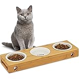 Relaxdays 3er Napfständer Bambus, Keramikschalen Wasser & Futter, spülmaschinenfest, Napfbar Katzen, kleine Hunde, natur…