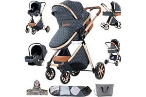 Sianldcone Passeggino 3 in 1 Trio Neonati, Tessuti di Alta Qualità Carrozzina per Neonato, Spinta Bidirezionale Passeggino Reversibile, Visione Aperta Passeggino Trolley (V9 Blue)