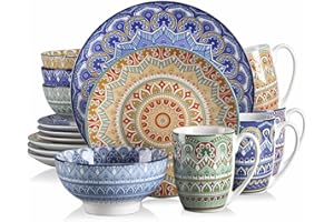 vancasso 16 Pieces Porcelain Dinner Set for 4 - Mandala Dinnerware Dish Set Artisanal Pieces with 10.6in Dinner Plate, 8.2in Dessert Plate, 700ml Bowl and 360ml Mug, Boho Colourful Tableware