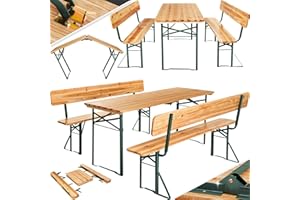 TecTake® Conjunto Jardín Exterior, Mesa y 2 Bancos Madera de Abeto Barnizada, Plegables, Estables y Resistentes, Respaldo Extraíble, Fácil Almacenamiento y Transporte, Ideal Camping, Terraza, Picnic