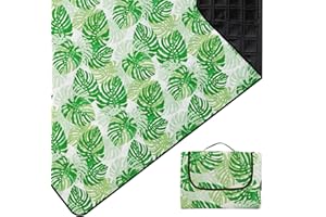 Outplea Waterproof Picnic Blanket 200 * 200cm, Large Foldable Picnic Mat Machine Washable, Portable Sandproof Beach Blanket with Handle, Outdoor Mat for Grass Picnic Camping, Green Tropical Leaves