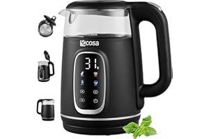 ‎ECOSA Ecosa® Wasserkocher mit Temperatureinstellung Glas Edelstahl - Teekocher - 1,7 Liter 2.200 Watt - BPA Frei mit Temperaturwahl 40°C-100°C - Warmhaltefunktion LED Beleuchtung (Black Pearl)