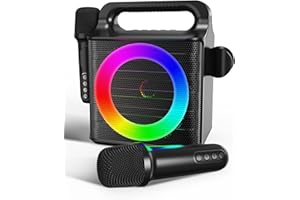SINWE Tragbare Karaoke Maschine mit 2 drahtlosen Mikrofonen, Bluetooth-Singmaschine mit LED-Lichtern&15W Lautsprecher, tolles Geschenk für Kinder Erwachsene Weihnachten und Geburtstag